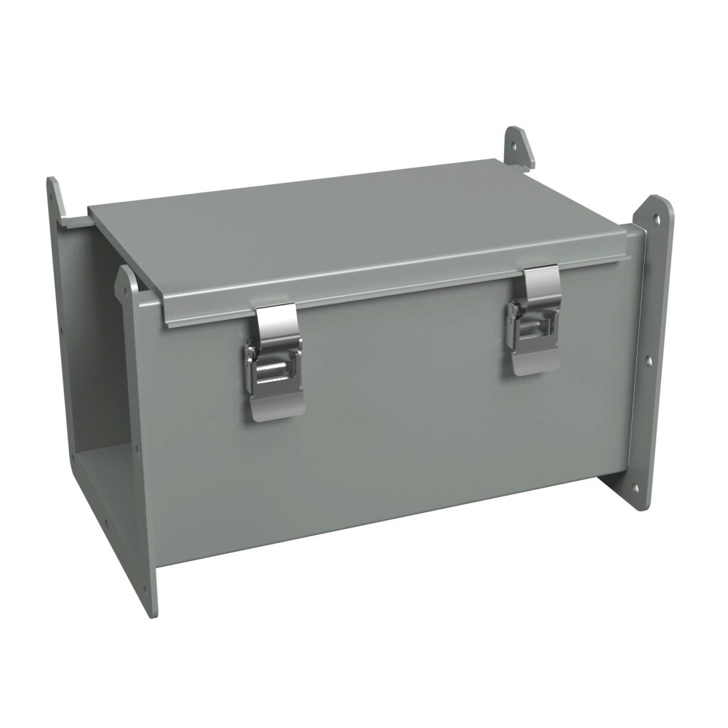 1485D12 - Hammond 1485 series lay-in wireway, 6 x 6 x 12in, carbon steel, ANSI 61 gray, powder coat finish, hinged cover, quick-release clamps, NEMA 12.