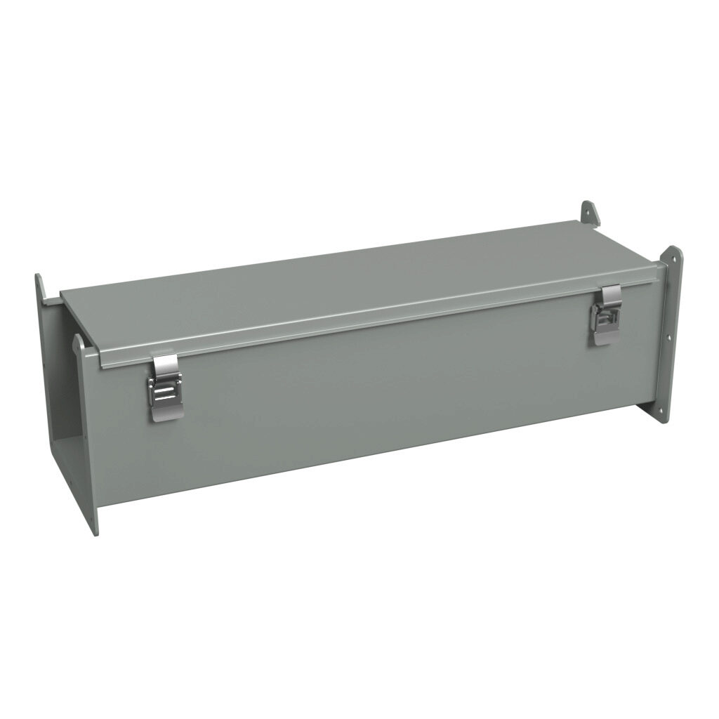 1485D24 - Hammond 1485 series lay-in wireway, 6 x 6 x 24in, carbon steel, ANSI 61 gray, powder coat finish, hinged cover, quick-release clamps, NEMA 12.
