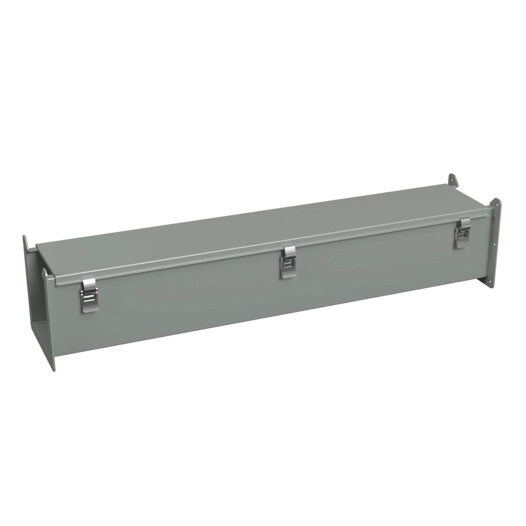 1485D36 - Hammond 1485 series lay-in wireway, 6 x 6 x 36in, carbon steel, ANSI 61 gray, powder coat finish, hinged cover, quick-release clamps, NEMA 12.