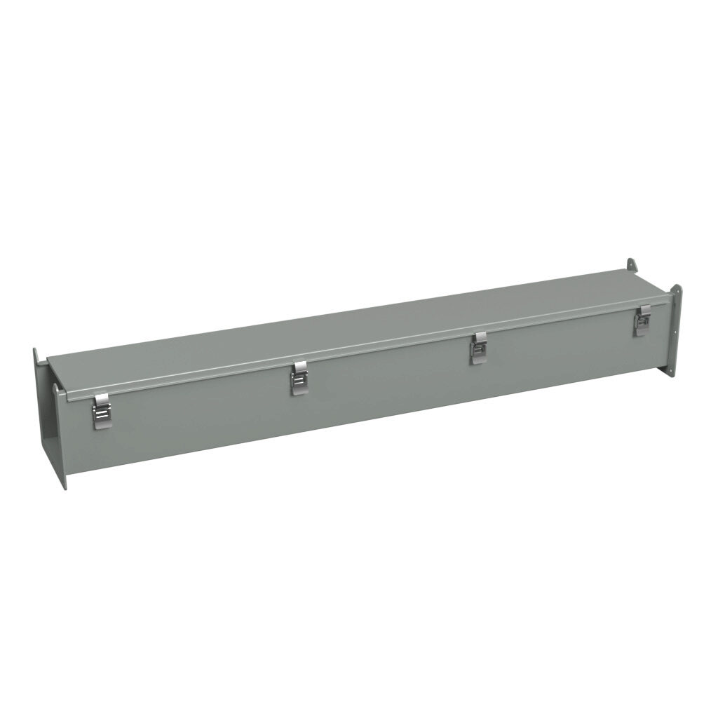 1485D48 - Hammond 1485 series lay-in wireway, 6 x 6 x 48in, carbon steel, ANSI 61 gray, powder coat finish, hinged cover, quick-release clamps, NEMA 12.