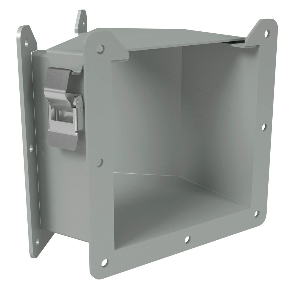1485D4N - Hammond 1485 series lay-in wireway fitting, 45-degree elbow, 6 x 6in, top opening, carbon steel, ANSI 61 gray, powder coat finish, quick-release clamps, NEMA 12. For use with 1485 series wireway.