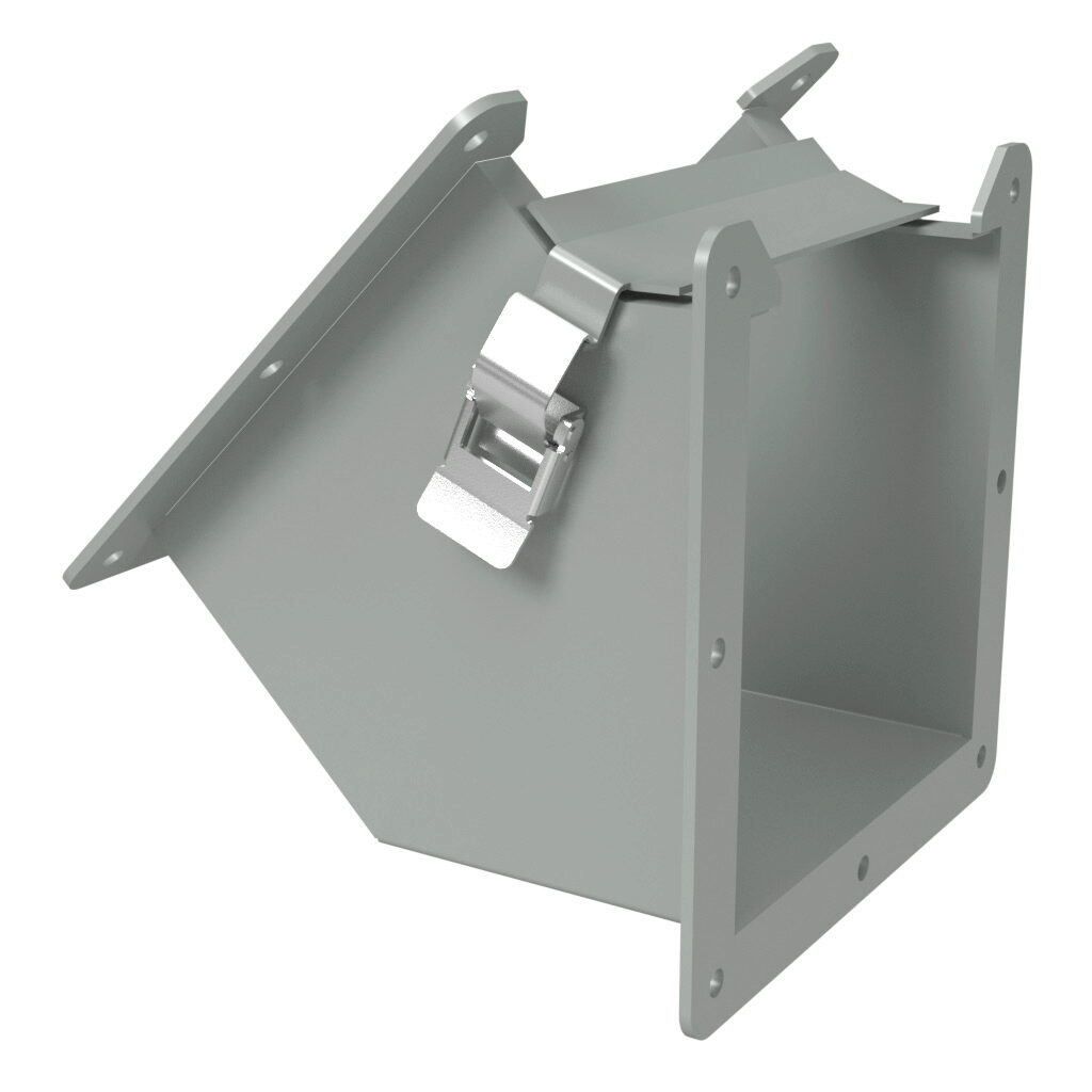 1485D4P - Hammond 1485 series lay-in wireway fitting, 45-degree elbow, 6 x 6in, inside opening, carbon steel, ANSI 61 gray, powder coat finish, quick-release clamps, NEMA 12. For use with 1485 series wireway.