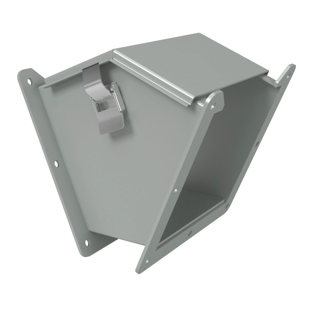 1485D4Q - Hammond 1485 series lay-in wireway fitting, 45-degree elbow, 6 x 6in, outside opening, carbon steel, ANSI 61 gray, powder coat finish, quick-release clamps, NEMA 12. For use with 1485 series wireway.