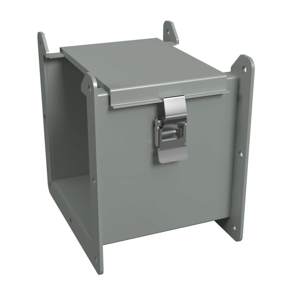 1485D6 - Hammond 1485 series lay-in wireway, 6 x 6 x 6in, carbon steel, ANSI 61 gray, powder coat finish, hinged cover, quick-release clamps, NEMA 12.