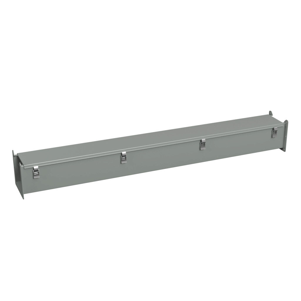 1485D60 - Hammond 1485 series lay-in wireway, 6 x 6 x 60in, carbon steel, ANSI 61 gray, powder coat finish, hinged cover, quick-release clamps, NEMA 12.