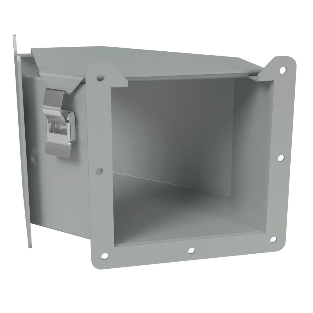1485D9N - Hammond 1485 series lay-in wireway fitting, 90-degree elbow, 6 x 6in, top opening, carbon steel, ANSI 61 gray, powder coat finish, quick-release clamps, NEMA 12. For use with 1485 series wireway.