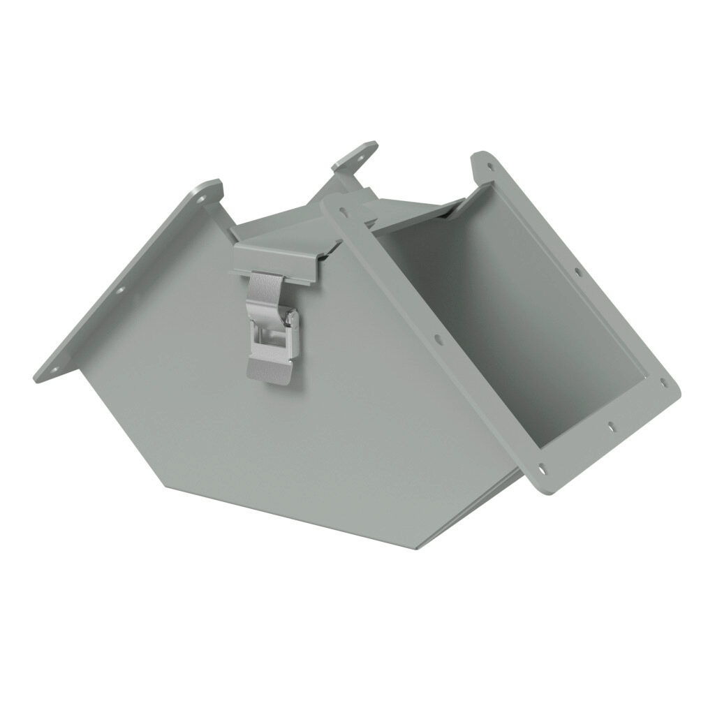 1485D9P - Hammond 1485 series lay-in wireway fitting, 90-degree elbow, 6 x 6in, inside opening, carbon steel, ANSI 61 gray, powder coat finish, quick-release clamps, NEMA 12. For use with 1485 series wireway.