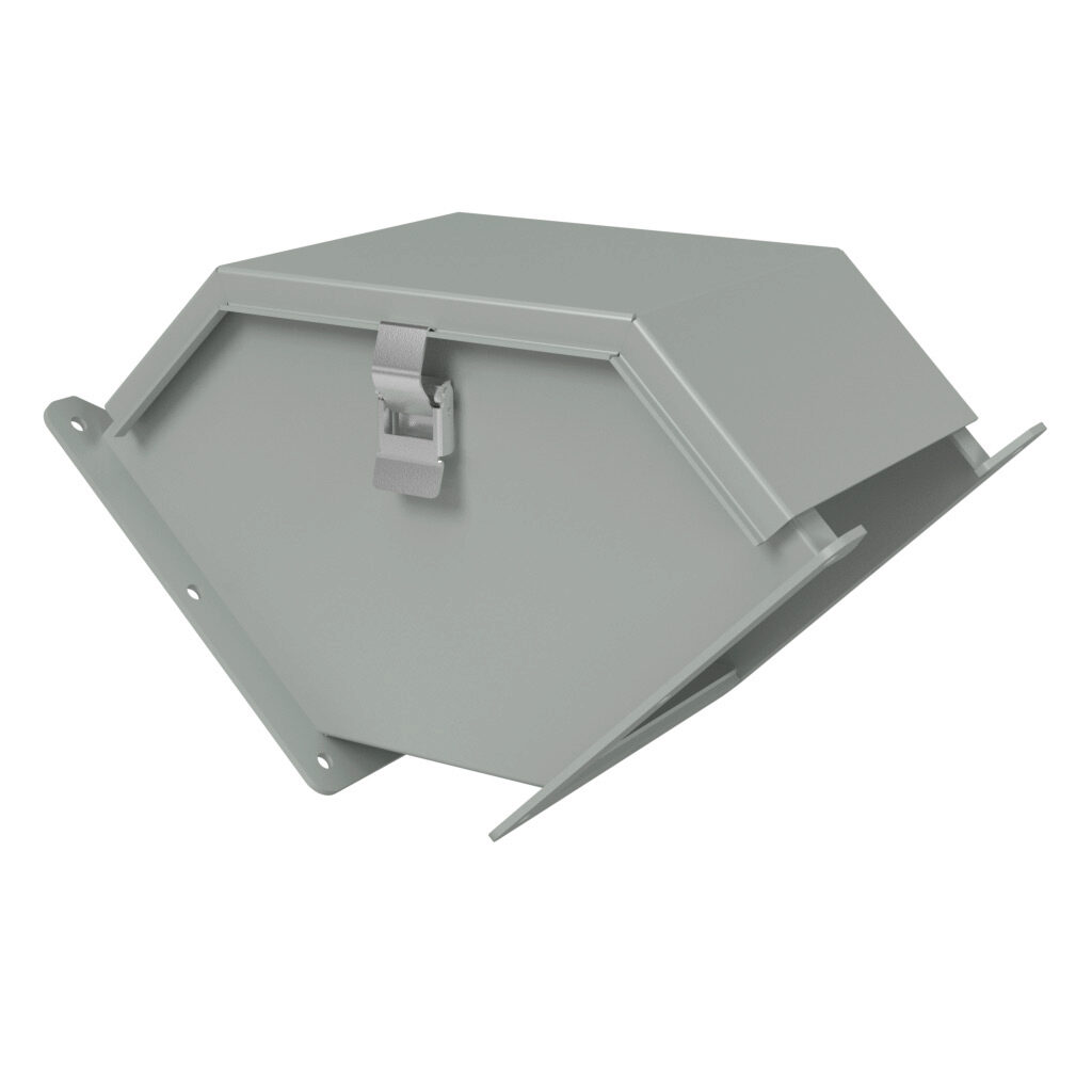 1485D9Q - Hammond 1485 series lay-in wireway fitting, 90-degree elbow, 6 x 6in, outside opening, carbon steel, ANSI 61 gray, powder coat finish, quick-release clamps, NEMA 12. For use with 1485 series wireway.