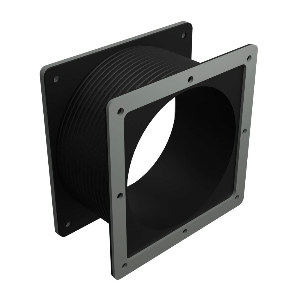 1485DFF - Hammond pull-through wireway fitting, flexible fitting, 6 x 6 x 3 to 10in, GortiflexTM bellows with carbon steel flanges, ANSI 61 gray, powder coat finish, NEMA 12. For use with 1485 and 1487 series wireway.