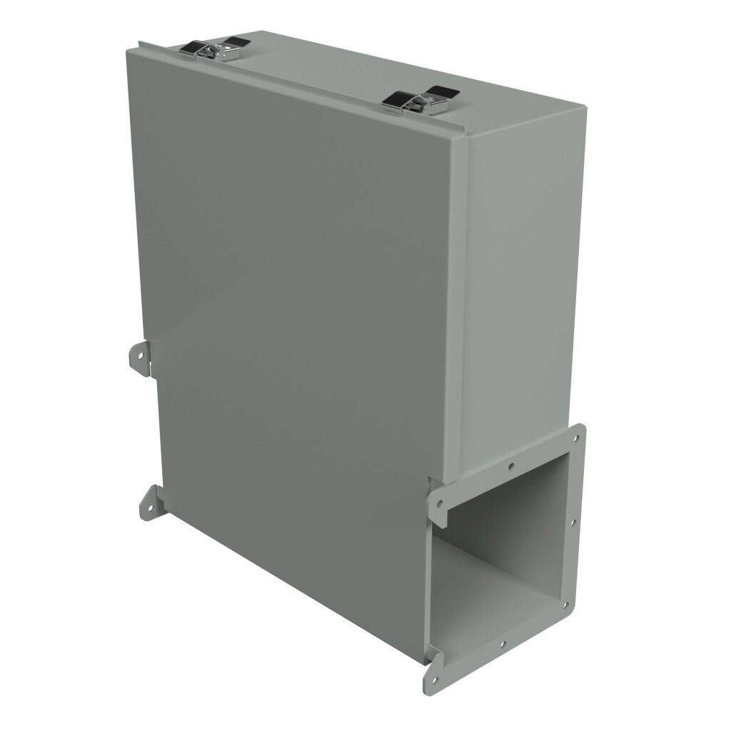 1485DJ - Hammond 1485 series lay-in wireway fitting, junction box, 16 x 17.87 x 6in, carbon steel, ANSI 61 gray, powder coat finish, quick-release clamps, NEMA 12. For use with 1485 series wireway.