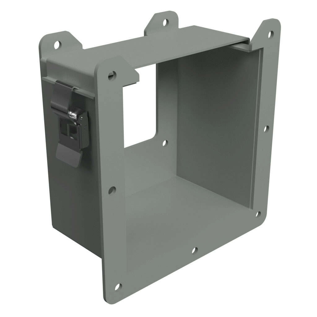 1485DRE - Hammond 1485 series lay-in wireway fitting, reducer, 6 x 6in to 4 x 4in, edge-aligned opening, carbon steel, ANSI 61 gray, powder coat finish, quick-release clamps, NEMA 12. For use with 1485 series wireway.