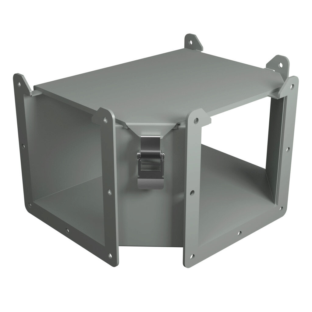 1485DTN - Hammond 1485 series lay-in wireway fitting, tee, 6 x 6in, top opening, carbon steel, ANSI 61 gray, powder coat finish, quick-release clamps, NEMA 12. For use with 1485 series wireway.