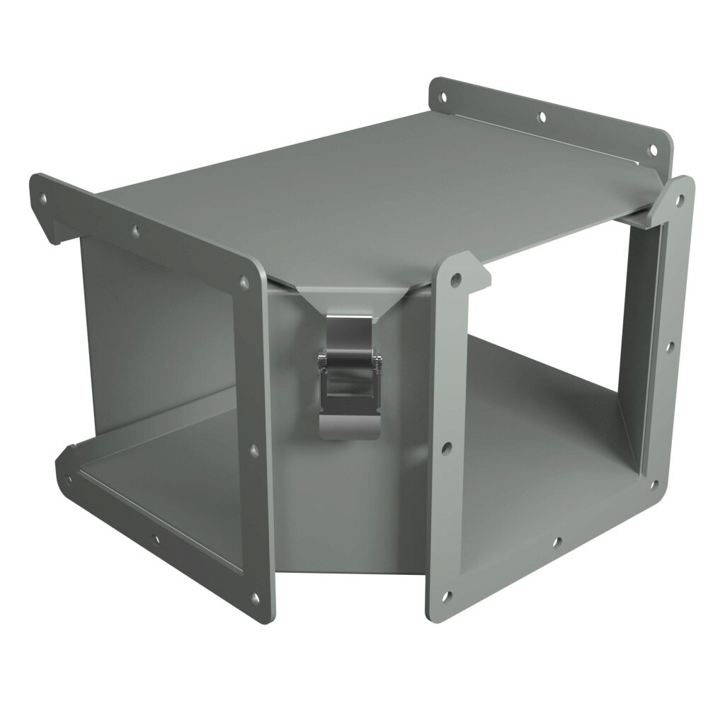 1485DTQ - Hammond 1485 series lay-in wireway fitting, tee, 6 x 6in, outside opening, carbon steel, ANSI 61 gray, powder coat finish, quick-release clamps, NEMA 12. For use with 1485 series wireway.