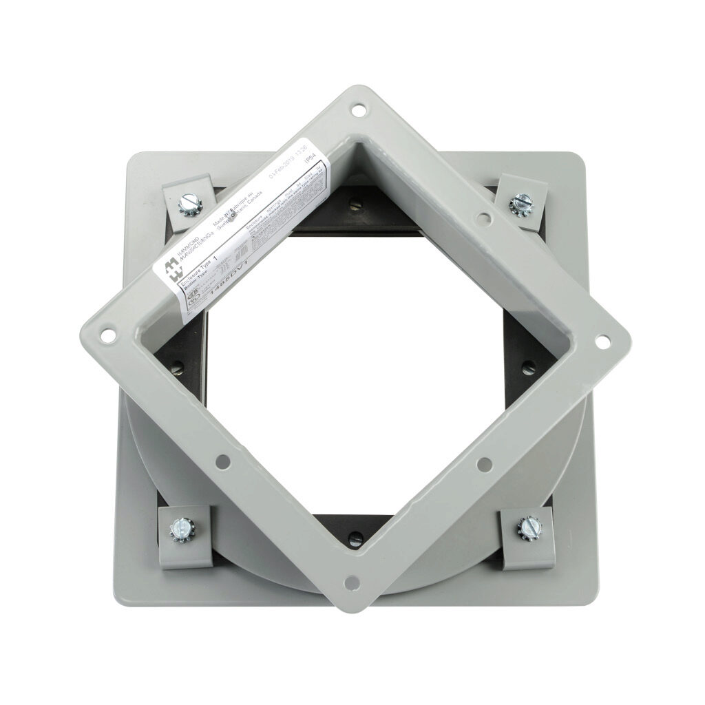 1485DV1 - Hammond pull-through wireway fitting, box entry swivel nipple, 6 x 6 x 2.25in, carbon steel, ANSI 61 gray, powder coat finish, NEMA 12. For use with 1485 series wireway.
