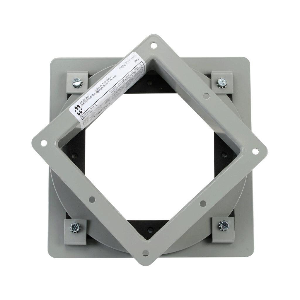 1485DV2 - Hammond pull-through wireway fitting, standard swivel nipple, 6 x 6 x 2.25in, carbon steel, ANSI 61 gray, powder coat finish, NEMA 12. For use with 1485 series wireway.