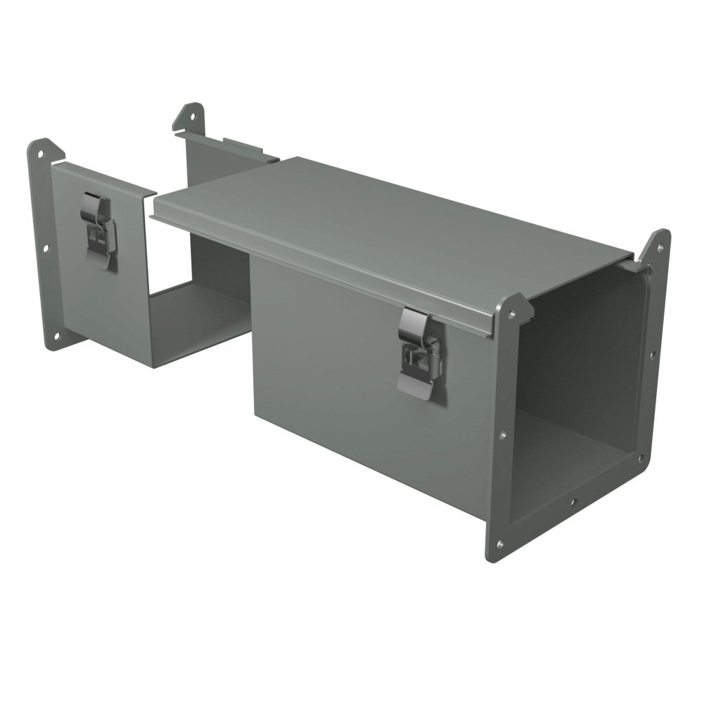 1485DW1 - Hammond 1485 series lay-in wireway fitting, cut-off fitting, 6 x 6 x 9 to 15in, carbon steel, ANSI 61 gray, powder coat finish, quick-release clamps, NEMA 12. For use with 1485 series wireway.