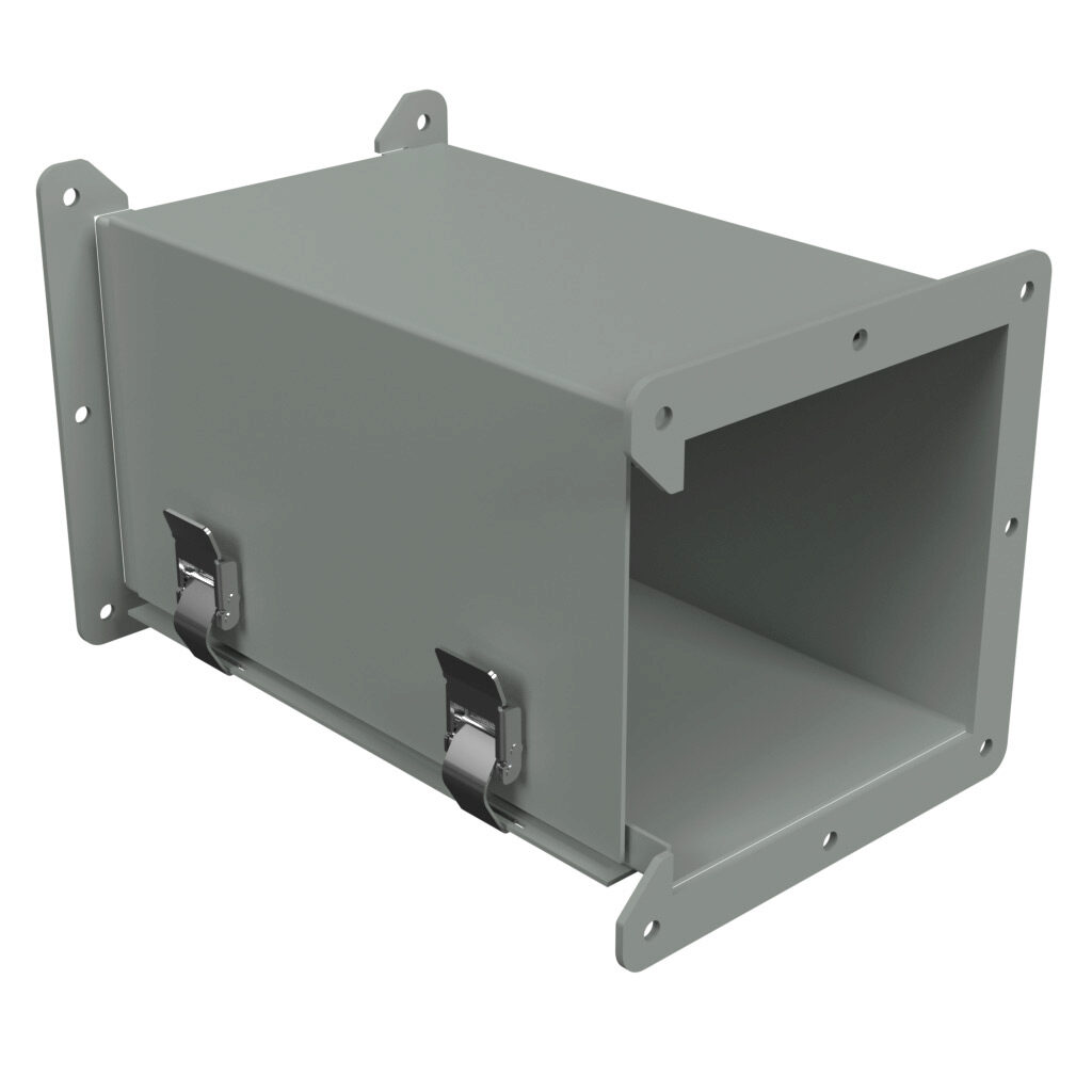 1485DZ12 - Hammond 1485 series lay-in wireway fitting, clockwise transposition, 6 x 6in, carbon steel, ANSI 61 gray, powder coat finish, quick-release clamps, NEMA 12. For use with 1485 series wireway.