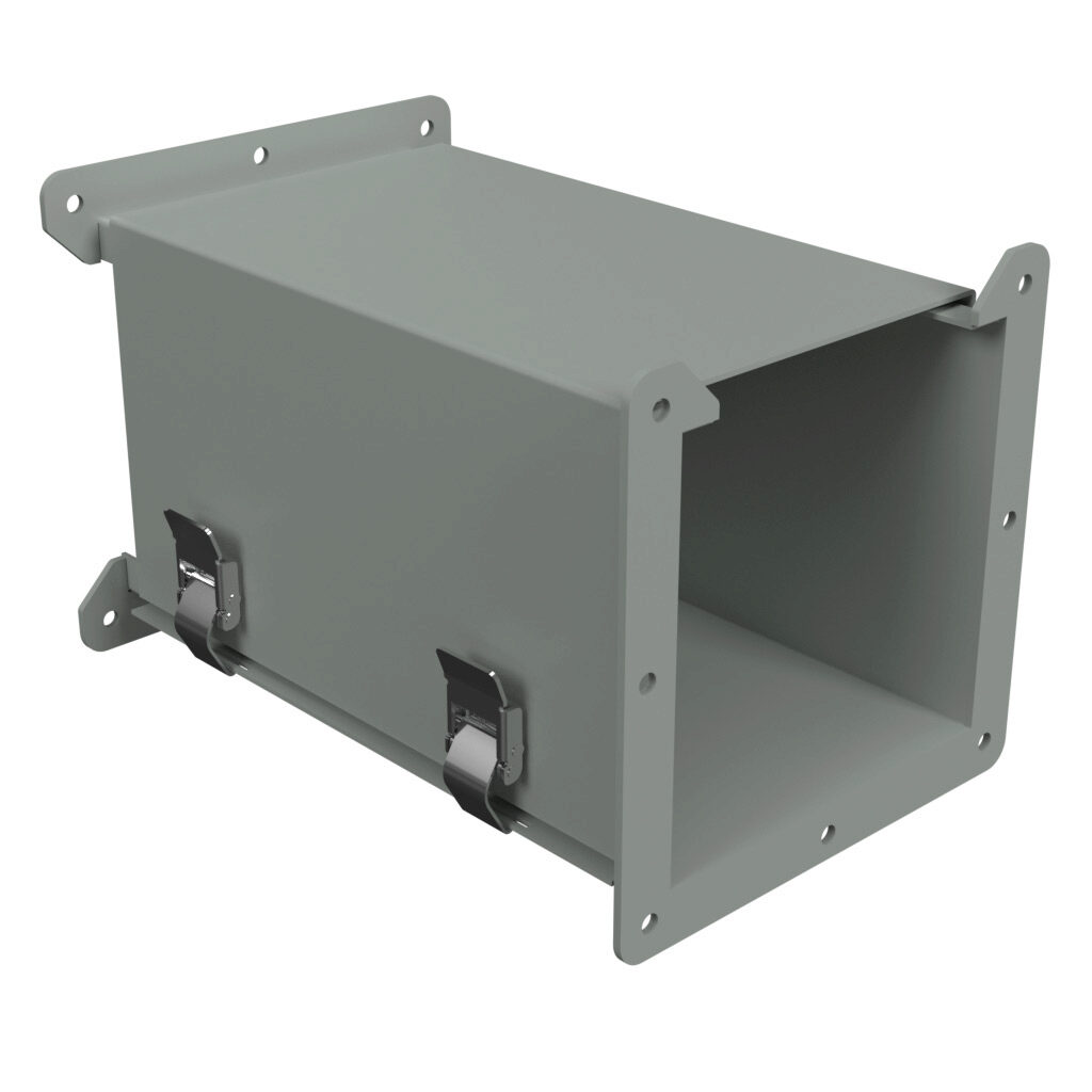 1485DZC12 - Hammond 1485 series lay-in wireway fitting, counter-clockwise transposition, 6 x 6in, carbon steel, ANSI 61 gray, powder coat finish, quick-release clamps, NEMA 12. For use with 1485 series wireway.