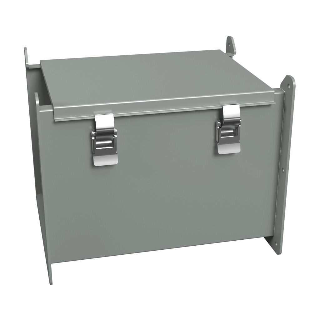 1485E12 - Hammond 1485 series lay-in wireway, 8 x 8 x 12in, carbon steel, ANSI 61 gray, powder coat finish, hinged cover, quick-release clamps, NEMA 12.
