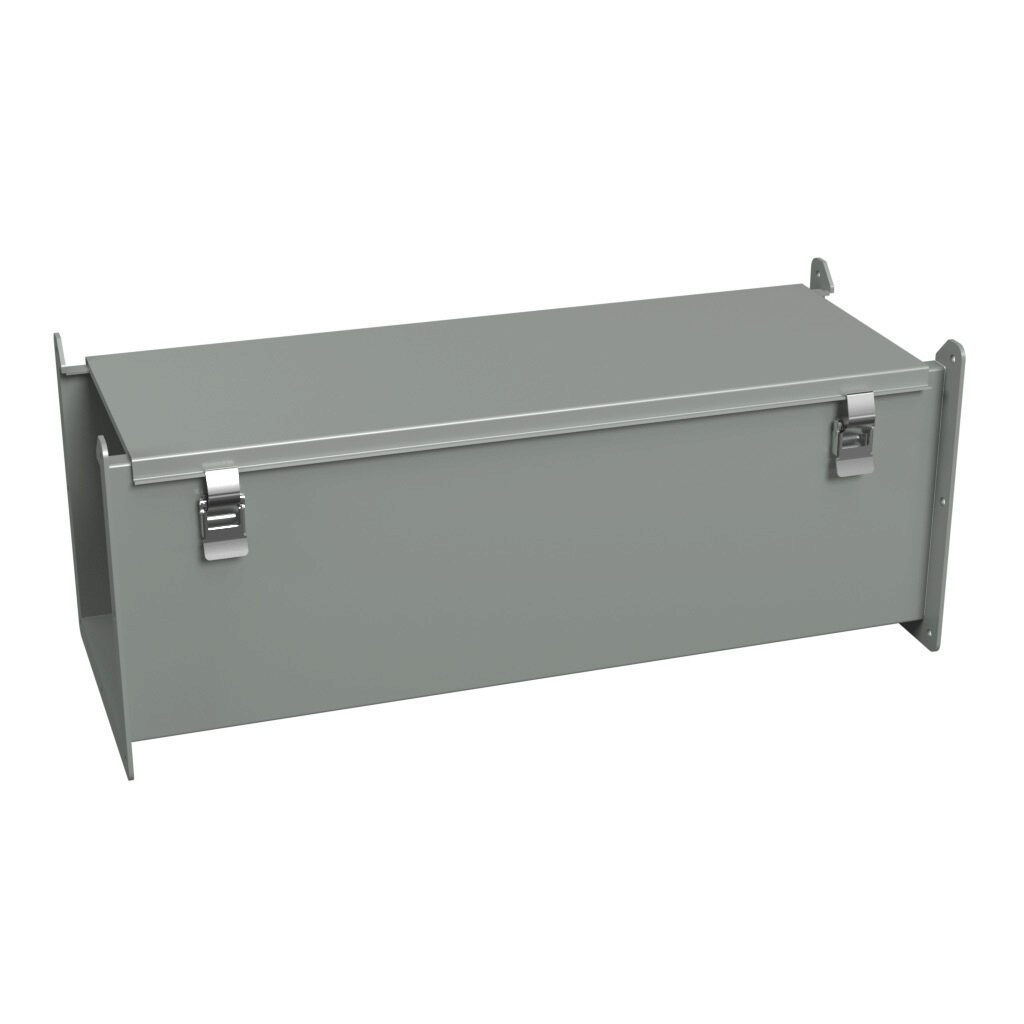 1485E24 - Hammond 1485 series lay-in wireway, 8 x 8 x 24in, carbon steel, ANSI 61 gray, powder coat finish, hinged cover, quick-release clamps, NEMA 12.