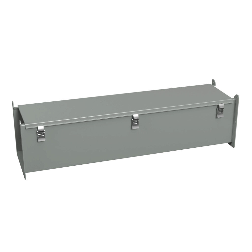 1485E36 - Hammond 1485 series lay-in wireway, 8 x 8 x 36in, carbon steel, ANSI 61 gray, powder coat finish, hinged cover, quick-release clamps, NEMA 12.