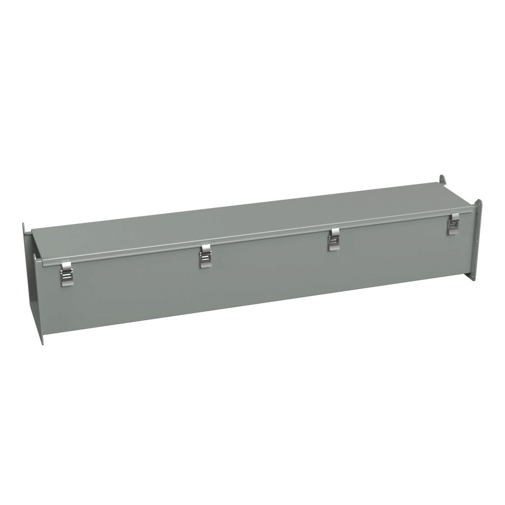 1485E48 - Hammond 1485 series lay-in wireway, 8 x 8 x 48in, carbon steel, ANSI 61 gray, powder coat finish, hinged cover, quick-release clamps, NEMA 12.