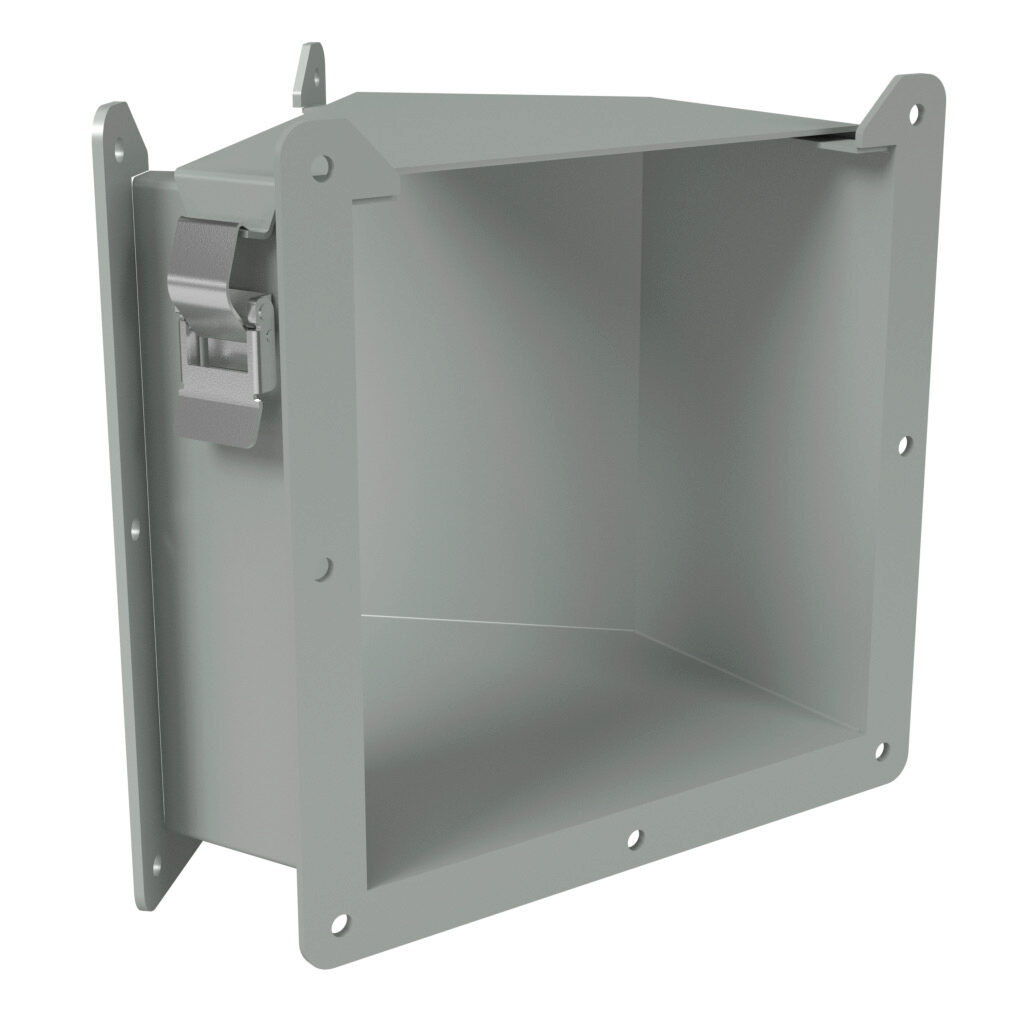 1485E4N - Hammond 1485 series lay-in wireway fitting, 45-degree elbow, 8 x 8in, top opening, carbon steel, ANSI 61 gray, powder coat finish, quick-release clamps, NEMA 12. For use with 1485 series wireway.