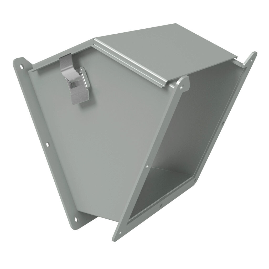 1485E4Q - Hammond 1485 series lay-in wireway fitting, 45-degree elbow, 8 x 8in, outside opening, carbon steel, ANSI 61 gray, powder coat finish, quick-release clamps, NEMA 12. For use with 1485 series wireway.