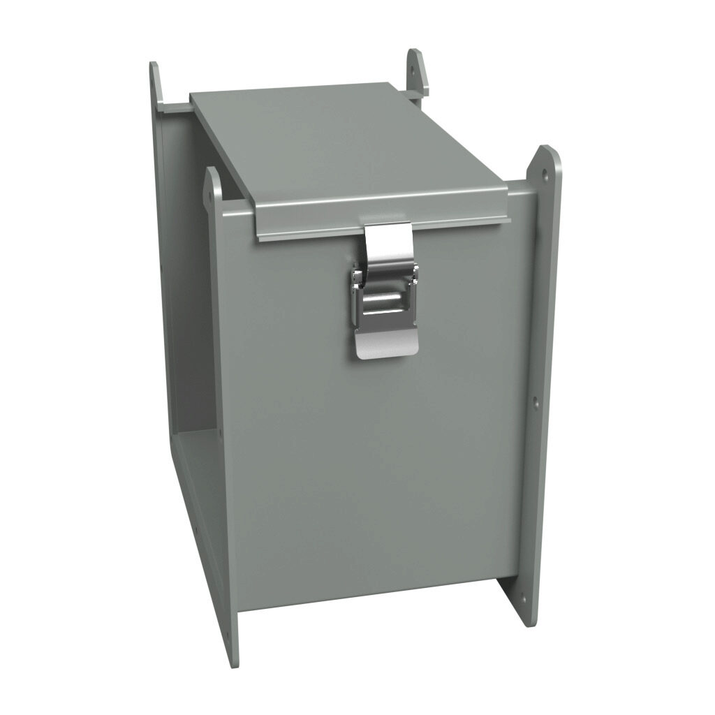 1485E6 - Hammond 1485 series lay-in wireway, 8 x 8 x 6in, carbon steel, ANSI 61 gray, powder coat finish, hinged cover, quick-release clamps, NEMA 12.