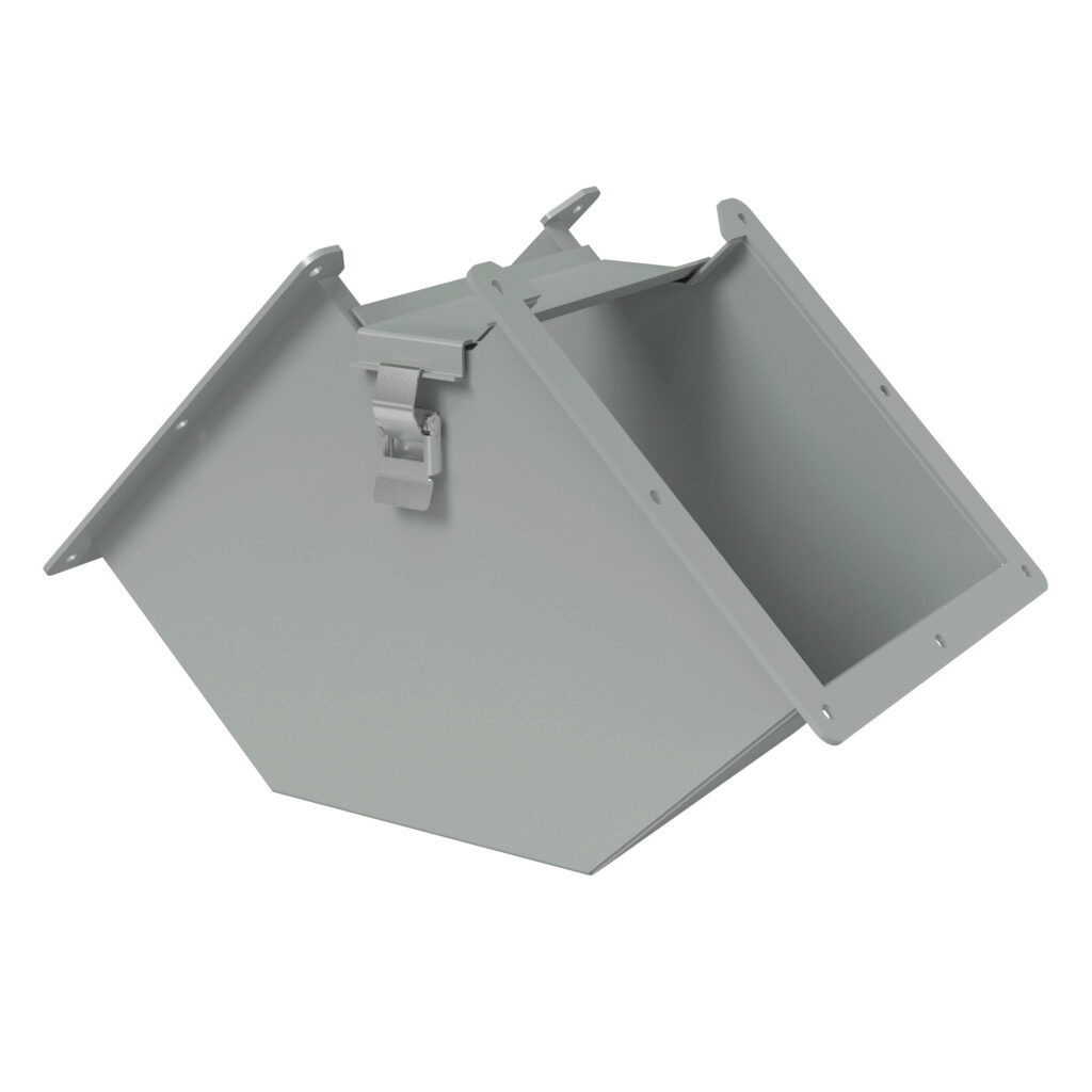1485E9P - Hammond 1485 series lay-in wireway fitting, 90-degree elbow, 8 x 8in, inside opening, carbon steel, ANSI 61 gray, powder coat finish, quick-release clamps, NEMA 12. For use with 1485 series wireway.