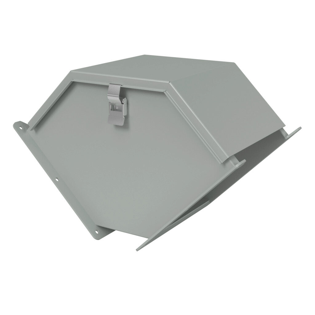 1485E9Q - Hammond 1485 series lay-in wireway fitting, 90-degree elbow, 8 x 8in, outside opening, carbon steel, ANSI 61 gray, powder coat finish, quick-release clamps, NEMA 12. For use with 1485 series wireway.