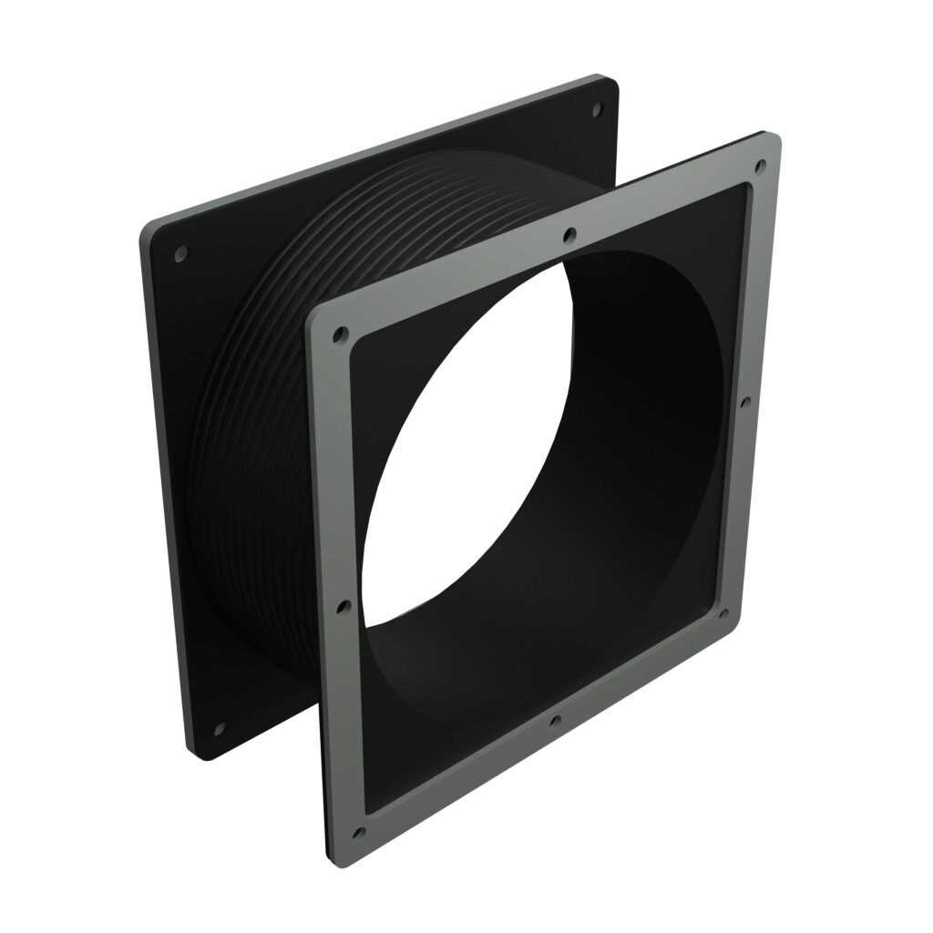 1485EFF - Hammond pull-through wireway fitting, flexible fitting, 8 x 8 x 3 to 10in, GortiflexTM bellows with carbon steel flanges, ANSI 61 gray, powder coat finish, NEMA 12. For use with 1485 and 1487 series wireway.