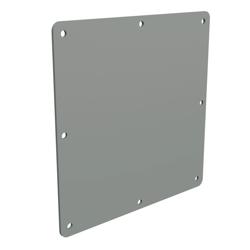 1485EH - Hammond wireway fitting, cover plate, 8 x 8in, carbon steel, ANSI 61 gray, powder coat finish, NEMA 12. For use with 1485 series wireway.