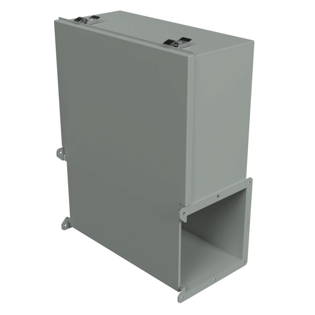 1485EJ - Hammond 1485 series lay-in wireway fitting, junction box, 18 x 21.87 x 8in, carbon steel, ANSI 61 gray, powder coat finish, quick-release clamps, NEMA 12. For use with 1485 series wireway.