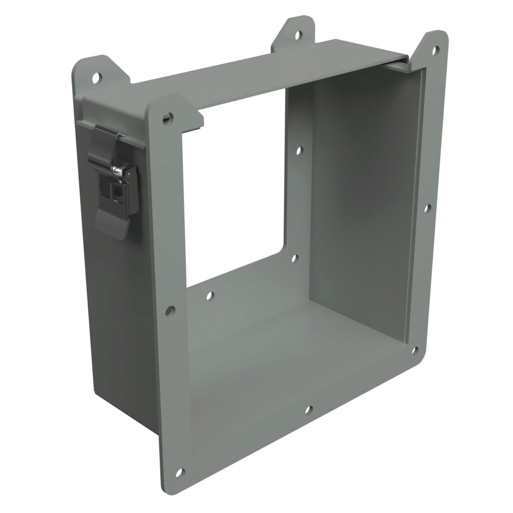 1485ERE - Hammond 1485 series lay-in wireway fitting, reducer, 8 x 8in to 6 x 6in, edge-aligned opening, carbon steel, ANSI 61 gray, powder coat finish, quick-release clamps, NEMA 12. For use with 1485 series wireway.