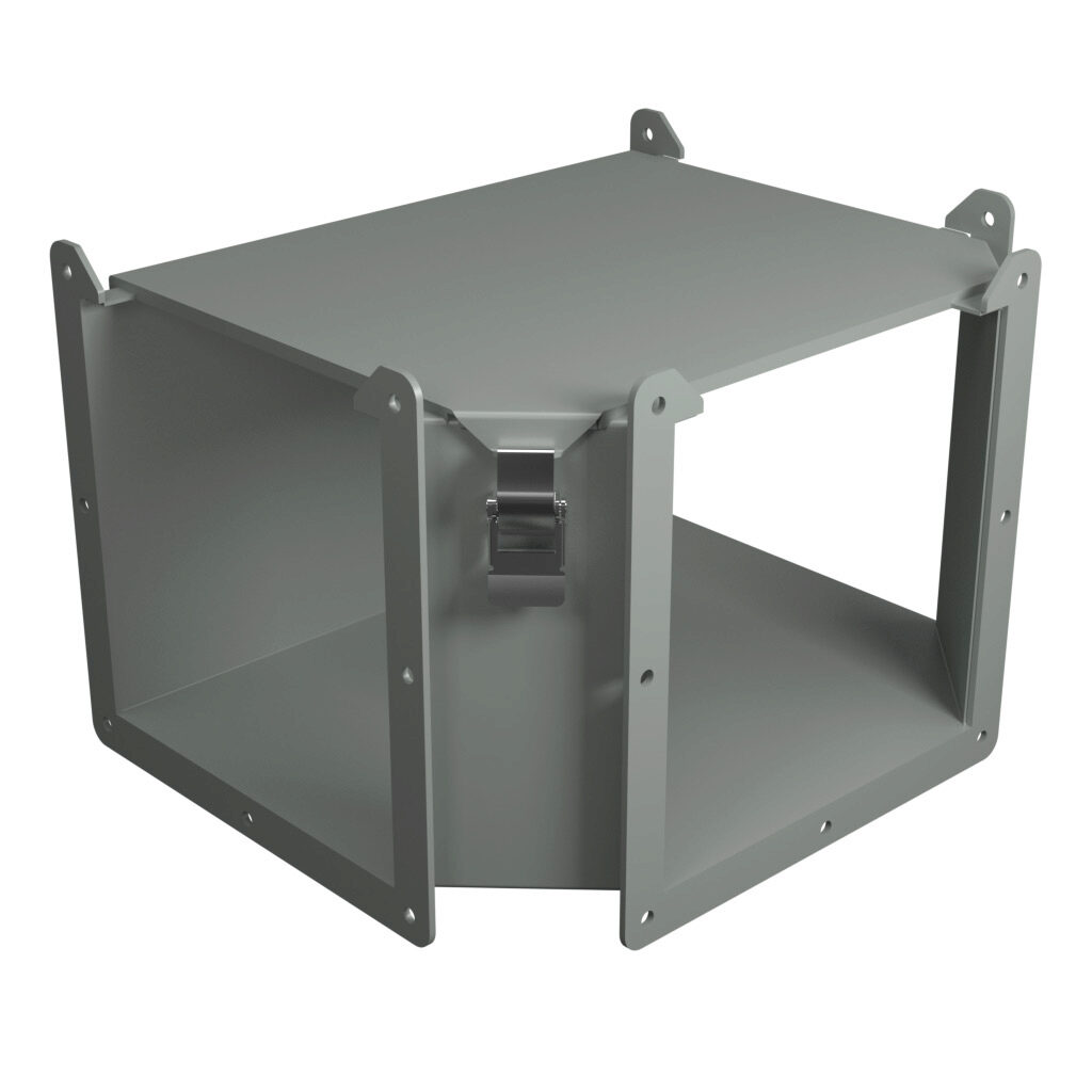 1485ETN - Hammond 1485 series lay-in wireway fitting, tee, 8 x 8in, top opening, carbon steel, ANSI 61 gray, powder coat finish, quick-release clamps, NEMA 12. For use with 1485 series wireway.