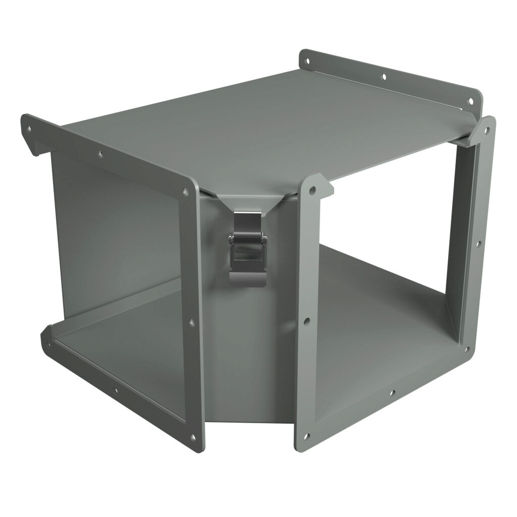 1485ETQ - Hammond 1485 series lay-in wireway fitting, tee, 8 x 8in, outside opening, carbon steel, ANSI 61 gray, powder coat finish, quick-release clamps, NEMA 12. For use with 1485 series wireway.