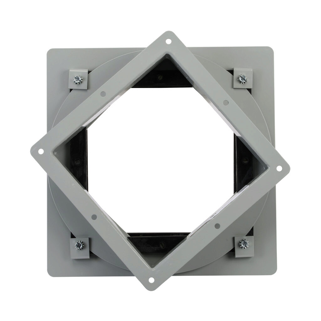 1485EV1 - Hammond pull-through wireway fitting, box entry swivel nipple, 8 x 8 x 2.25in, carbon steel, ANSI 61 gray, powder coat finish, NEMA 12. For use with 1485 series wireway.