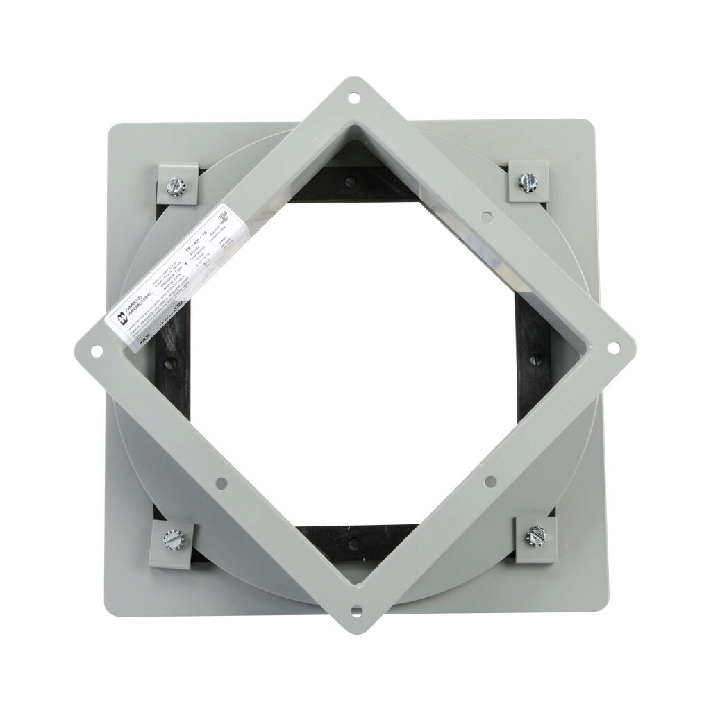 1485EV2 - Hammond pull-through wireway fitting, standard swivel nipple, 8 x 8 x 2.25in, carbon steel, ANSI 61 gray, powder coat finish, NEMA 12. For use with 1485 series wireway.