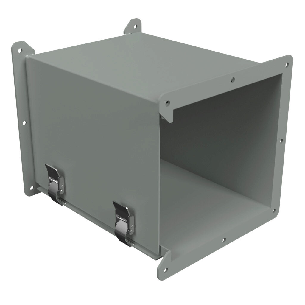 1485EZ12 - Hammond 1485 series lay-in wireway fitting, clockwise transposition, 8 x 8in, carbon steel, ANSI 61 gray, powder coat finish, quick-release clamps, NEMA 12. For use with 1485 series wireway.