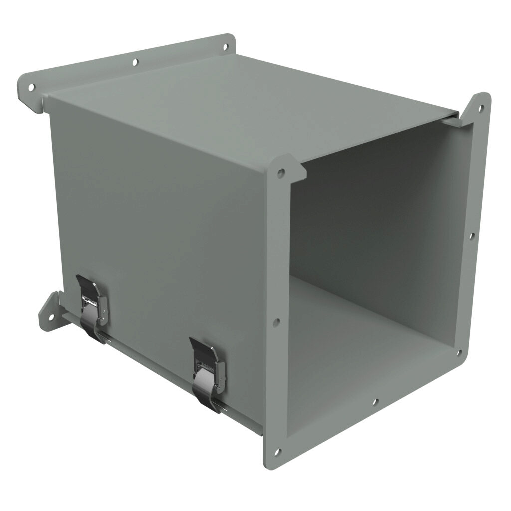 1485EZC12 - Hammond 1485 series lay-in wireway fitting, counter-clockwise transposition, 8 x 8in, carbon steel, ANSI 61 gray, powder coat finish, quick-release clamps, NEMA 12. For use with 1485 series wireway.