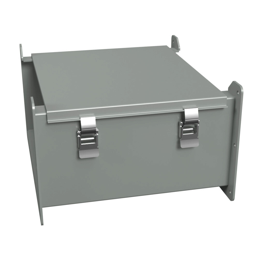 1485F12 - Hammond 1485 series lay-in wireway, 12 x 6 x 12in, carbon steel, ANSI 61 gray, powder coat finish, hinged cover, quick-release clamps, NEMA 12.