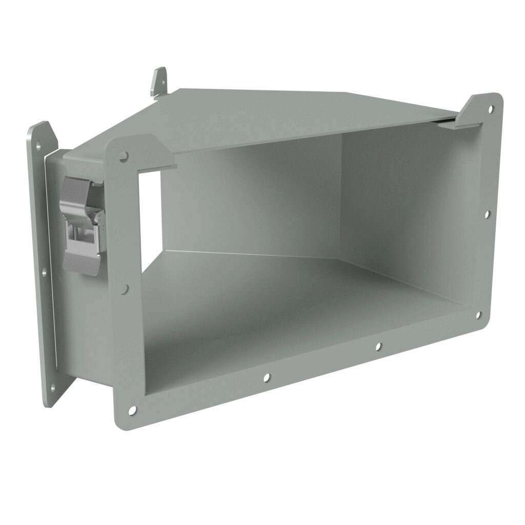 1485F4N - Hammond 1485 series lay-in wireway fitting, 45-degree elbow, 12 x 6in, top opening, carbon steel, ANSI 61 gray, powder coat finish, quick-release clamps, NEMA 12. For use with 1485 series wireway.