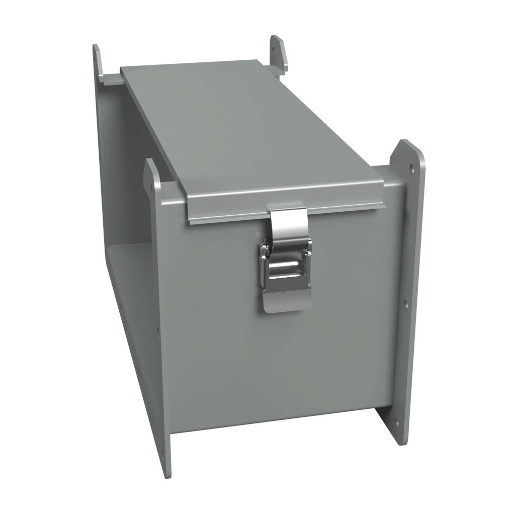 1485F6 - Hammond 1485 series lay-in wireway, 12 x 6 x 6in, carbon steel, ANSI 61 gray, powder coat finish, hinged cover, quick-release clamps, NEMA 12.