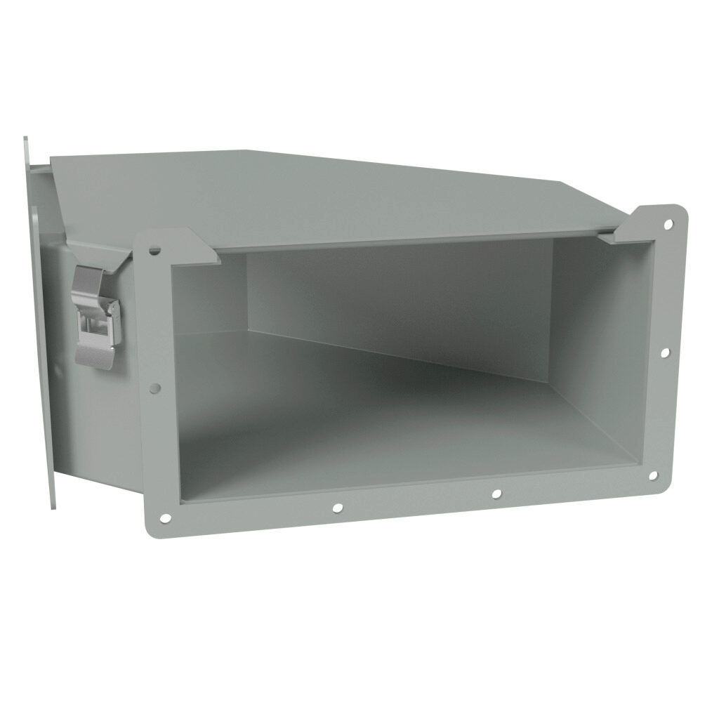 1485F9N - Hammond 1485 series lay-in wireway fitting, 90-degree elbow, 12 x 6in, top opening, carbon steel, ANSI 61 gray, powder coat finish, quick-release clamps, NEMA 12. For use with 1485 series wireway.