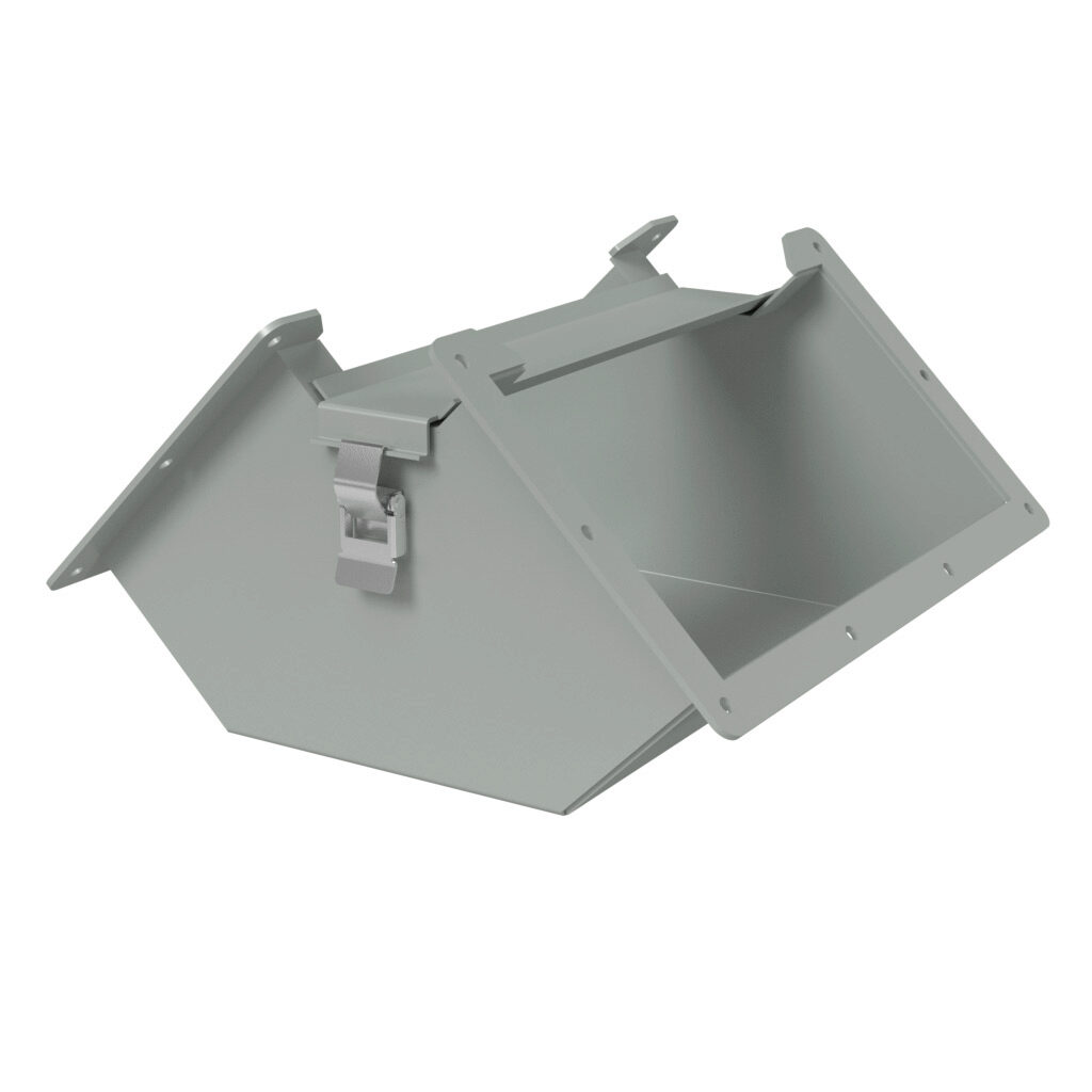 1485F9P - Hammond 1485 series lay-in wireway fitting, 90-degree elbow, 12 x 6in, inside opening, carbon steel, ANSI 61 gray, powder coat finish, quick-release clamps, NEMA 12. For use with 1485 series wireway.