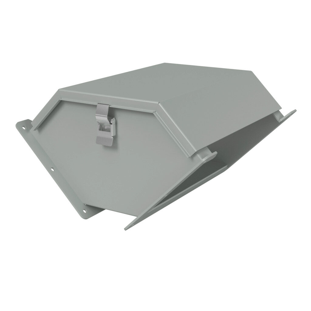 1485F9Q - Hammond 1485 series lay-in wireway fitting, 90-degree elbow, 12 x 6in, outside opening, carbon steel, ANSI 61 gray, powder coat finish, quick-release clamps, NEMA 12. For use with 1485 series wireway.