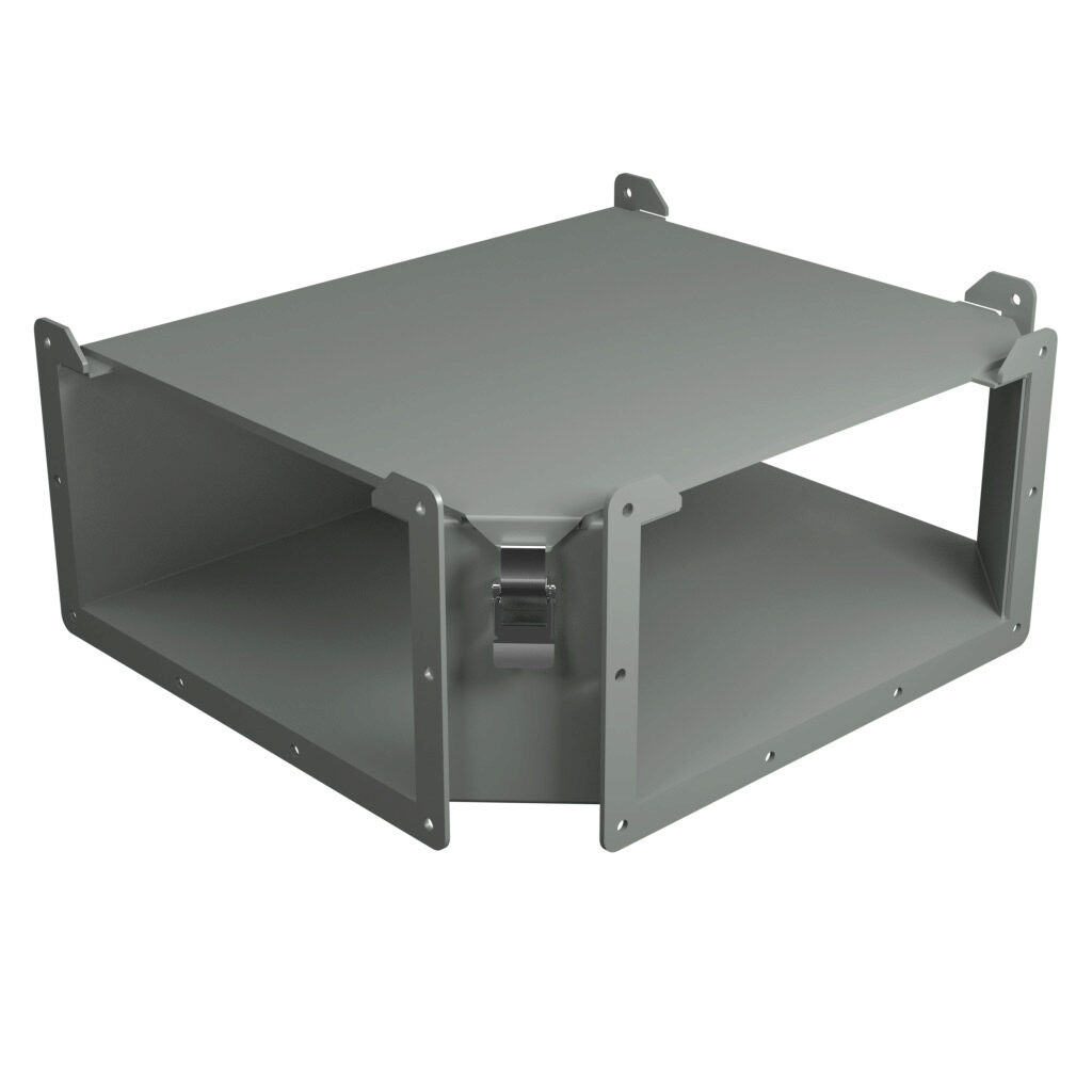 1485FTN - Hammond 1485 series lay-in wireway fitting, tee, 12 x 6in, top opening, carbon steel, ANSI 61 gray, powder coat finish, quick-release clamps, NEMA 12. For use with 1485 series wireway.