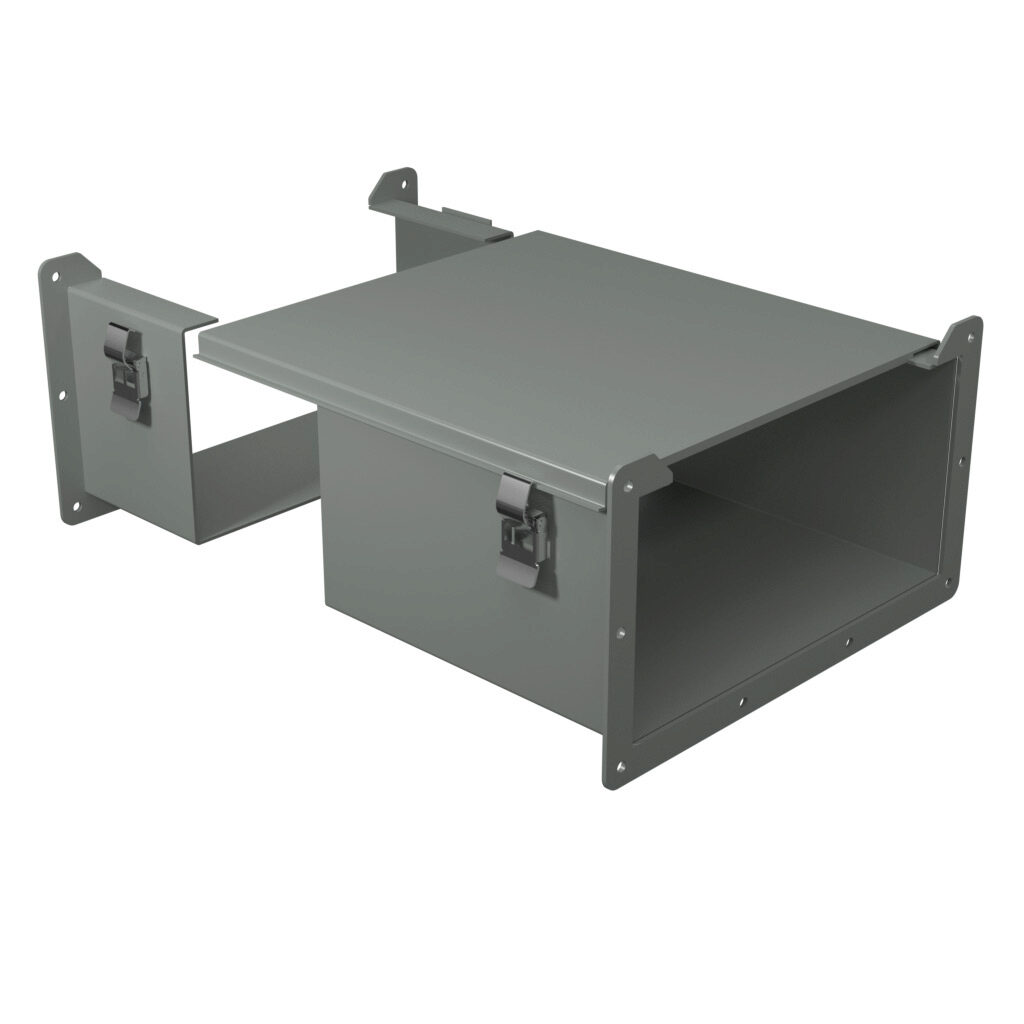 1485FW1 - Hammond 1485 series lay-in wireway fitting, cut-off fitting, 12 x 6 x 9 to 15in, carbon steel, ANSI 61 gray, powder coat finish, quick-release clamps, NEMA 12. For use with 1485 series wireway.