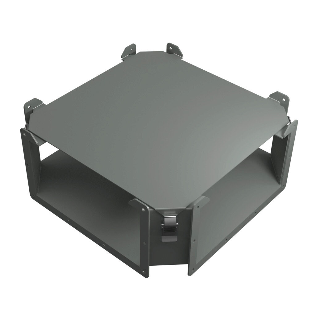 1485FY - Hammond 1485 series lay-in wireway fitting, cross fitting, 12 x 6in, carbon steel, ANSI 61 gray, powder coat finish, quick-release clamps, NEMA 12. For use with 1485 series wireway.